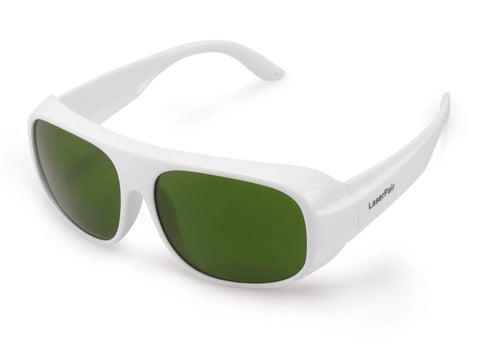 Real Deal Heavy Duty Laser Safety Glasses For Ipl Hair Removal And Salon Operators Featuring Full Coverage Eye Shield And Ultraviolet Blocking Protective Lens in white with green lenses.