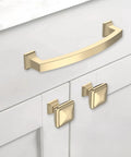 Brushed Brass Square Cabinet Knobs For Kitchen And Drawers Built Tough Cold Cast Metal Hardware with square design on white drawers.