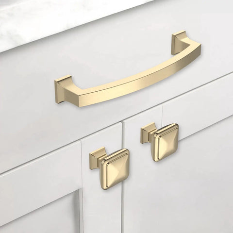Brushed Brass Square Cabinet Knobs For Kitchen And Drawers Built Tough Cold Cast Metal Hardware with square design on white drawers.
