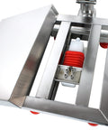 Built Tough Folding Platform Scale With Sharp Digital Readout And Plug In Rechargeable Base For Heavy Lifting At The Warehouse Or Managing Bustling Shipping Depots Up To Eight Hundred Eighty Pounds showing stainless steel deck and red accents.