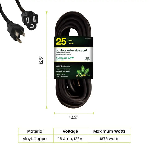 Heavy Duty 14 3 Gauge 25 Foot Black Outdoor Extension Cord Contractor Grade SJTW Cable showing molded plugs and label information.