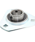 Heavy Duty Stamped Steel Housed Unit With Deep Groove Ball Bearings No Fuss Setscrew Locking Setup and Rock Solid Three Bolt Flange Mount for Smooth Conveyor Line Performance, angled view of steel flange bearing.