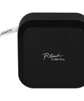 P-Touch CUBE Plus Bluetooth Label Maker PT-P710BT Portable Label Printer with label tape extending from side, black color.