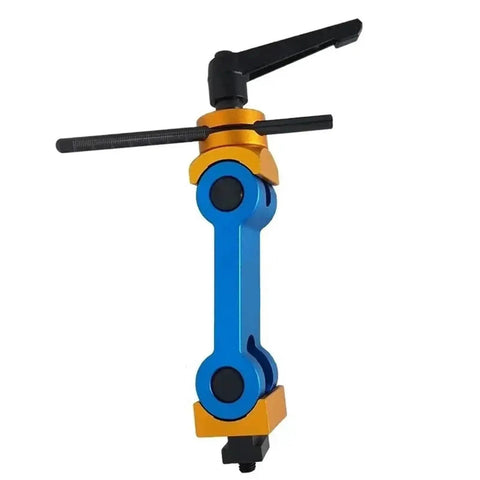 Rock Solid Universal Adjustable Workpiece Stop Positioner For Cnc Mill Or Lathe Machines Zero Play Multi Function Milling Locator Tool M10 Thread Long Garage Setup Ready, blue and orange clamp design with M10 thread.
