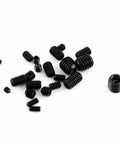 Pro Grade Heavy Duty Socket Screw Kit With 240 Piece Alloy Steel Grub And Wood Screw Set shown scattered, black alloy M3-M8 screws