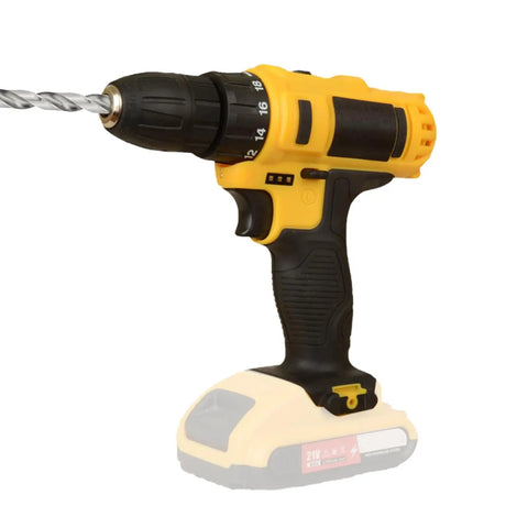 Cordless Power Tool Featuring Quick Change Chuck And Ergonomic Grip For No Sweat Cabinet Assembly and projects, side view with drill bit.