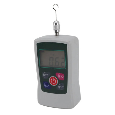 Knockout Precision Digital Force Gauge Featuring Rock Solid Built In Sensor Handheld Push Pull Meter and Slick Tension Reader for Pro Lab Tasks and Quick Shop Bench Checks Zero Point Three To Three Newton Scale measuring 0.62N with clear display.