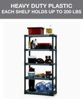 Heavy Duty 36 Inch Plastic Resin Shelving Unit 5 Tier Storage Rack With Solid Surface Shelves For Massive Load Capacity Built Tough Garage Utility Workhorse Easy Wipe Down Construction filled with tools and containers.