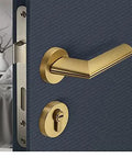 Rock Solid Heavy Duty Zinc Alloy Door Handles With Slick Electroplated Gold Finish For Interior Door Locks on a blue background.