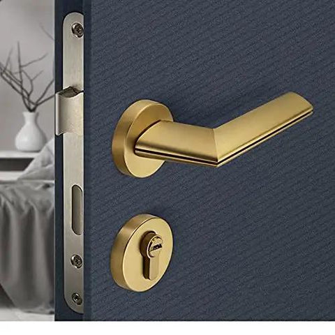 Rock Solid Heavy Duty Zinc Alloy Door Handles With Slick Electroplated Gold Finish For Interior Door Locks on a blue background.