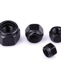 Heavy Duty Number 10 24 Nylon Insert Lock Nuts With Black Powder Coat Finish And Tough 304 Stainless Steel Build For Rock Solid High Vibration Protection Plus Zero Wiggle Room Fastening In A Fifty Pack For Handy Home Repair Or Workshop Tasks - assorted sizes displayed