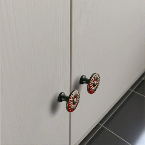 Six Pack Fresh Distressed Rust Red Cabinet Knobs With Killer Vintage Floral Medallion Details Cast From Heavy Duty Zinc Alloy For Snazzy Dresser And Kitchen Vanity Refreshes That Look Absolutely Top Shelf on white cabinet.