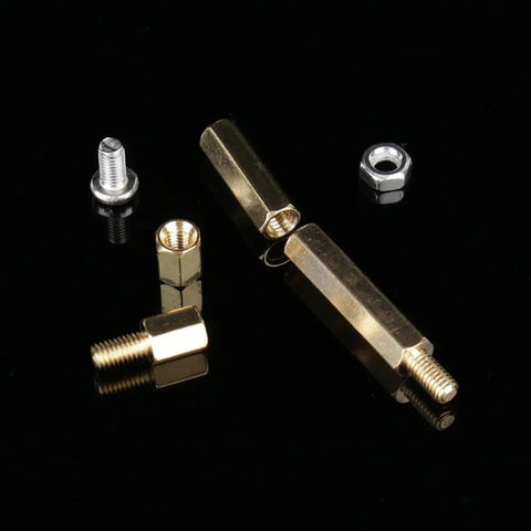 M3 Brass Standoff Assortment Kit With Spacers Screws And Nuts For PCB Mounting showing brass standoffs and metal screws on black background.