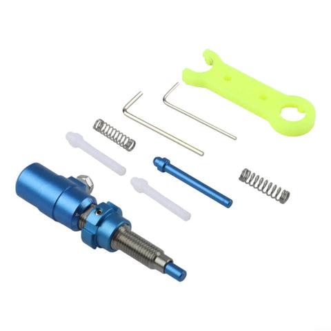 Aluminum Plunger Button Adjuster For Recurve Bows with adjustment tools and components in blue and yellow.