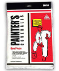 Packaging of a White Pro Grade Lightweight Disposable Coverall with front view illustration and large size label