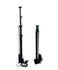 Heavy Duty Electric Lifting Pole Featuring Automatic Telescopic Mast And Drop Dead Easy Multi Stage Height Adjustment Portable Retractable Utility Stand With 6 Meter Reach Ready To Roll displayed side by side in two heights.