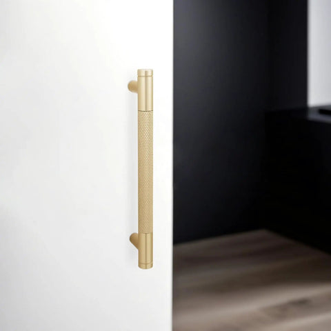 Heavy Duty Brushed Gold Cabinet Pulls And Drawer Handles Zero Hassle Swap Knurled Design 5 Inch Hole Spacing 30 Pack Aluminum Alloy close-up on cabinet