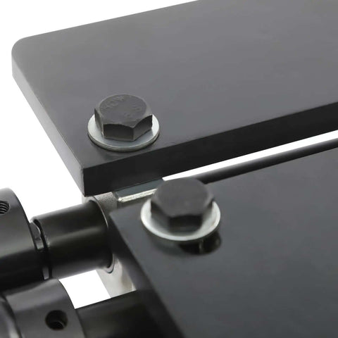 Close-up of a metal plate and bolts on the 12 Inch Gear Drive Bead Roller Bench Kit With 6 Dies Manual Heavy Duty Pro Grade Sheet Metal Bead Roller