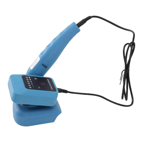 Badass Cordless Angle Grinder Featuring Six Variable Speeds Up To 18000 Rpm Plus A Rock Solid Workbench Stand And Full Accessory Kit on a blue charging base.