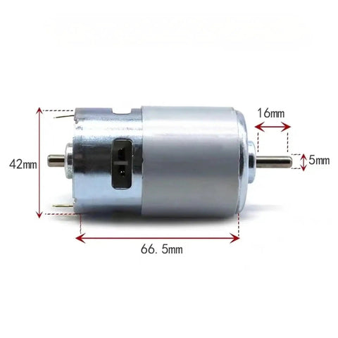 No Nonsense DC 12V 775 RS775 Motor with dimensions 66.5mm x 42mm x 16mm for smooth robot kits and weekend projects.