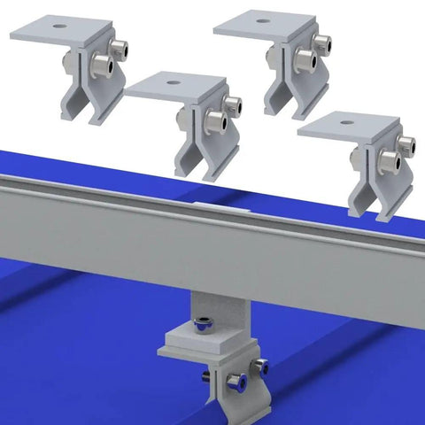 Heavy Duty Aluminum Standing Seam Clamp Kit With Stainless Steel Screws For Solar Panels Roof Mount RV Caravan Metal Shed No Drill Easy Install Tough As Nails Four Piece Set, showing four brackets on a metal roof.