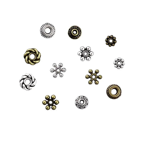 Totally Snazzy Bulk Silver Spacer Bead Collection Featuring Six Wild Shapes Like Daisy Gear Bicone And Flower Charms Crafted For Kicking Off Epic Bracelet Necklace Or Earring Crafting Sessions Today with assorted designs.