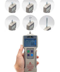 High Precision Digital Force Gauge And Push Pull Meter Featuring Lcd Tension Dynamometer For Newton Strength Testing With Dead Accurate Readouts and Knockout Build Quality in hand showing various attachments.