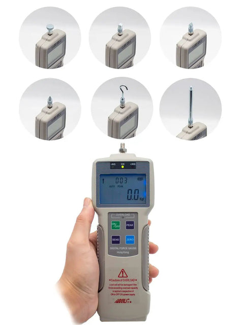 High Precision Digital Force Gauge And Push Pull Meter Featuring Lcd Tension Dynamometer For Newton Strength Testing With Dead Accurate Readouts and Knockout Build Quality in hand showing various attachments.
