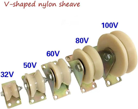 Two Pack Heavy Duty Nylon V Groove Track Wheels Easy Swap For Worn Sliding Door Rollers Featuring Beefy Double Bearings and Rock Solid Rigidity For Smooth Pocket Door Upgrades, showing various sizes 32V to 100V.