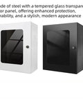 Heavy Duty Ev Station Enclosure With Tempered Glass Front Panel Solid Steel Wall Mount Weatherproof Case in white and black.