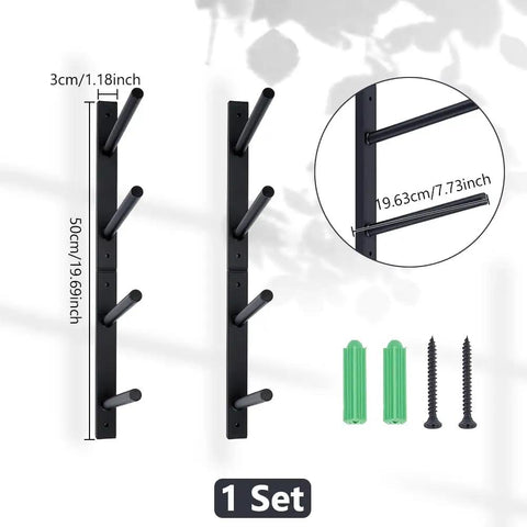 Heavy Duty Four Tier Skateboard Wall Mount Rack Adjustable Ski And Snowboard Holder shown with mounting hardware, dimensions, and design.