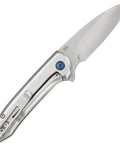 Heavy Duty Assisted Folding Knife With Slick Flipper, Smooth Ikbs Pivot, Razor Sharp High Carbon Steel Blade, Tight Frame Lock, Rugged Grey Handle, Tough As Nails EDC Everyday Carry Gear, side view with silver finish and blue detail.