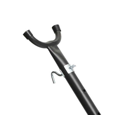Close-up of the black steel frame of Heavy Duty Portable Hammock Stand For Two Adults Outdoor Ready Easy Assembly with hook detail