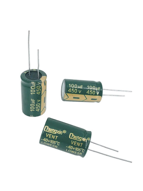 Beast Mode 5 Pack Of 450V 100UF Aluminum Radial Electrolytic Capacitors With Extra Long Leads Ready For Tube Amp Mods And Hands On Electronics Garage Work, showing three capacitors with long leads.