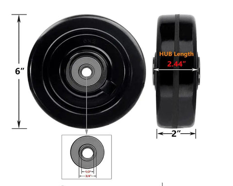 Built Rugged 6 Inch Phenolic Caster Wheels 2 Inch Wide Heavy Duty Rollers With Straight Bearings and Black Flat Tread side and top view with measurements