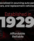 Image showing two car tires with text 'Established in 1929' and 'Specialized in sourcing auto parts, cars, and replacement vehicles.'