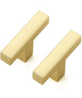 Top Shelf Brushed Gold Cabinet Handles Hella Sturdy Single Hole Drawer Pulls Two Inch Long solid zinc hardware pair.