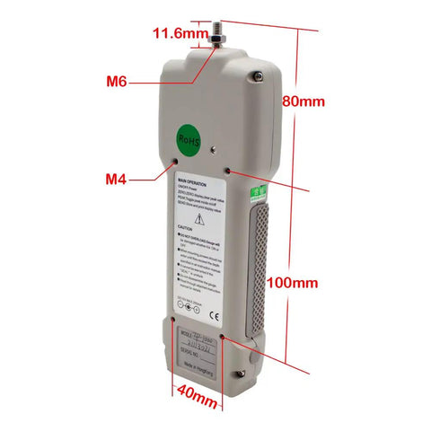 High Precision Digital Force Gauge And Push Pull Meter Featuring Lcd Tension Dynamometer For Newton Strength Testing With Dead Accurate Readouts, shown from the side with measurement labels.