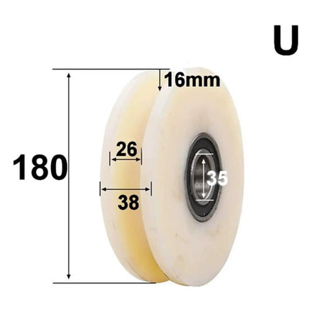 Heavy Duty U Shape Pulley Roller Guide Wheel Slick Rolling Bearing Steel Track Glide, shown at 180mm with precise measurements.