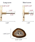 Premium Natural Agate Stone Drawer Handles With Brushed Gold Cabinet Knobs showing long and short screw dimensions.