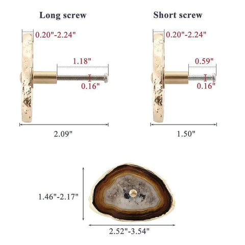 Premium Natural Agate Stone Drawer Handles With Brushed Gold Cabinet Knobs showing long and short screw dimensions.