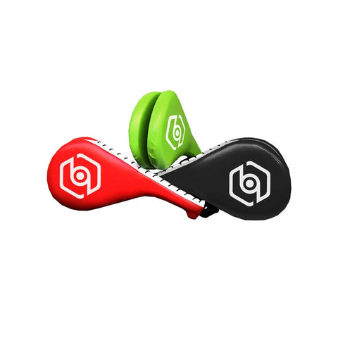 Heavy Hitter Boxing Kick Pad With Slick Smart Power Meter And App Connected Voice Broadcast For Taekwondo Kickboxing Training Durable Strike Target Red and green pads side by side.
