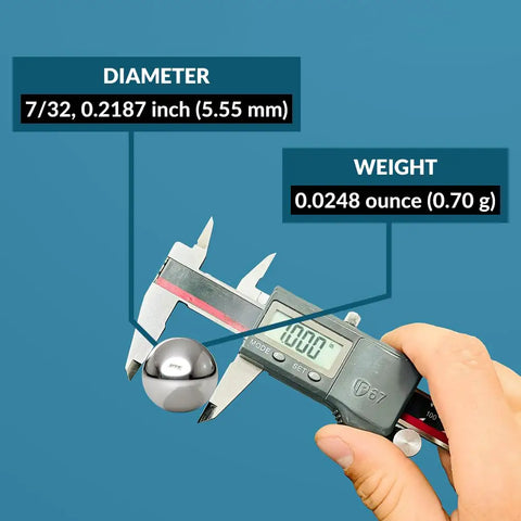 Caliper measuring a Top Shelf Precision 7/32 Inch Chrome Steel Bearing Ball G25 Grade for weight and size accuracy.