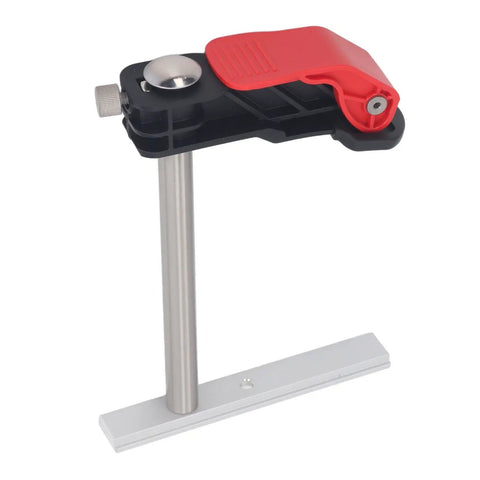Top Notch Stainless Steel Hold Down Clamps Set Quick Release Bench Dogs Killer For Woodworking Drilling Tables Shop Benches Groove Mounts Rugged Workshop Gear clamp with red handle and stainless steel post.