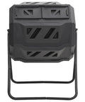 Front view of a Dual Chamber Compost Bin 42.3 Gal With 360 Degree Spin, Rotating Tumbler, black with ventilation holes.