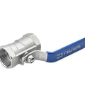 Rock Solid Stainless Steel Electric Ball Valve Plumbing Connector for High Pressure Pneumatic Fluid Lines with 1 inch size and blue handle.
