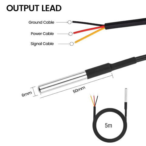 DS18B20 Temperature Sensors 5 Pack, 5M Waterproof Digital Probes With Stainless Steel Cables showing dimensions and output leads