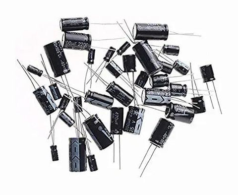 Badass Electrolytic Capacitor Assortment Kit 600 Pieces 24 Values 0.1uF To 1000uF At 50V assorted black electrolytic capacitors with leads.