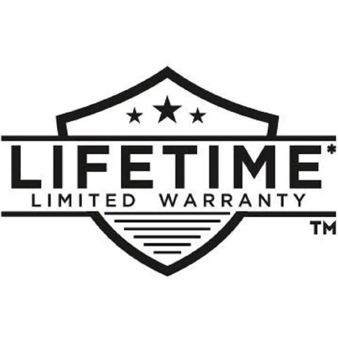 Lifetime Limited Warranty logo with shield and stars in black and white.