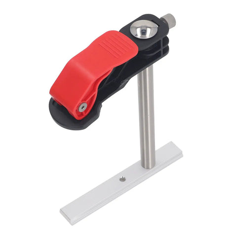 Top Notch Stainless Steel Hold Down Clamps Set Quick Release Bench Dogs Killer For Woodworking Drilling Tables Shop Benches Groove Mounts Rugged Workshop Gear with red handle, steel post, and stable base